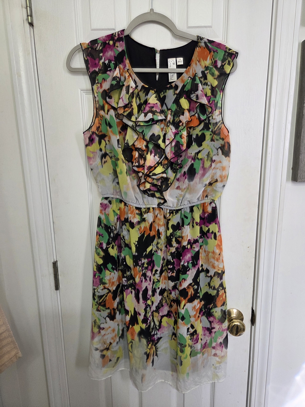Emma & Michele Sleeveless Floral Ruffle Dress in Black, Green, Purple, Orange